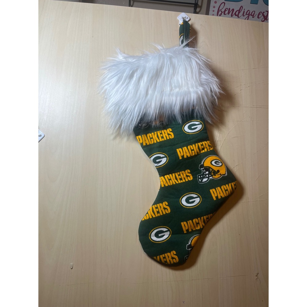 Green Bay Packers Christmas Stocking White‎ Faux Fur Cuff NFL Football hand made